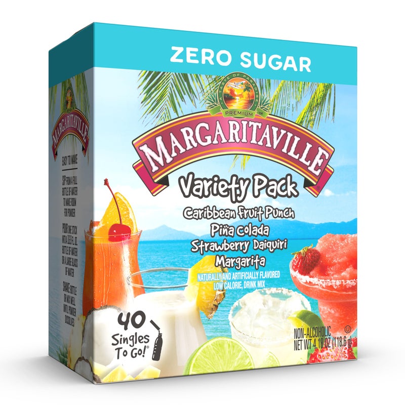 SINGLES TO GO! Margaritaville Singles to Go Water Drink Mix, Variety Pack, Includes 4 Flavors: Caribbean Fruit Punch, Pina Colada, Strawberry Daiquiri, And Margarita,1 Box (40 Single Servings) - Image 1